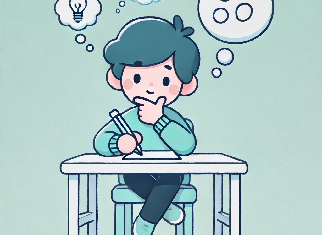 A 2D cartoon illustration of a person sitting at a desk, holding a pencil and resting their chin on their hand in a thoughtful pose. The scene is colored in light blue and mint tones, with thought bubbles above the person's head containing symbols of ideas.