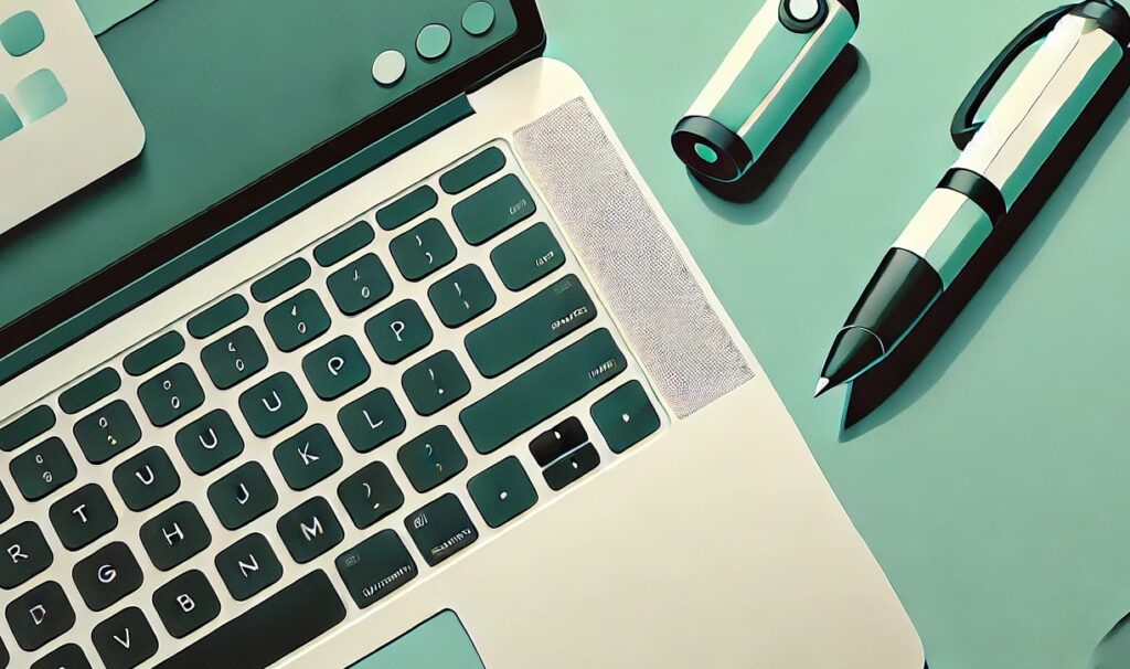 A close-up, minimalistic 2D illustration of a pen and laptop in mint green tones. The sharp-edged objects are placed on a mint-colored background, with subtle noise texture enhancing the simplicity of the design.