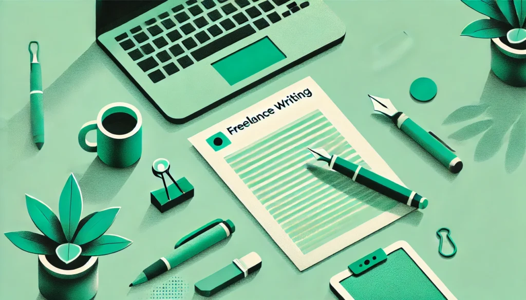 Minimalistic editorial illustration for a freelance writing blog in mint green tones, featuring writing elements like a laptop and paper with sharp, clean lines and a subtle noise texture.