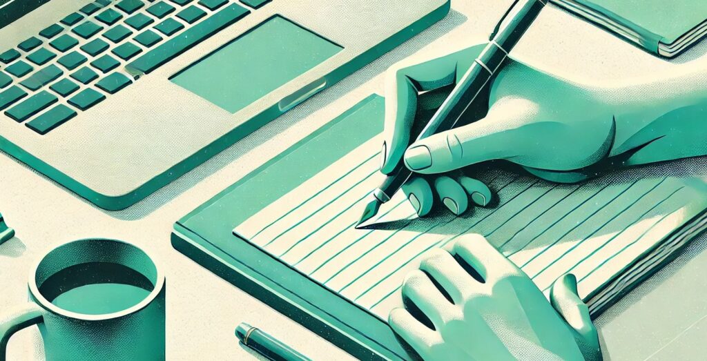 A person holding a pen, writing in a notebook with a laptop nearby, all depicted in a minimalist mint-colored editorial 2D digital paper art style.