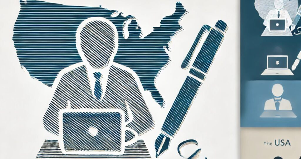 2D illustration of a person sitting at a desk with a laptop or pen, symbolizing writing, with a subtle USA map in the background. The design uses blue and white professional colors for a fresh and reliable look.