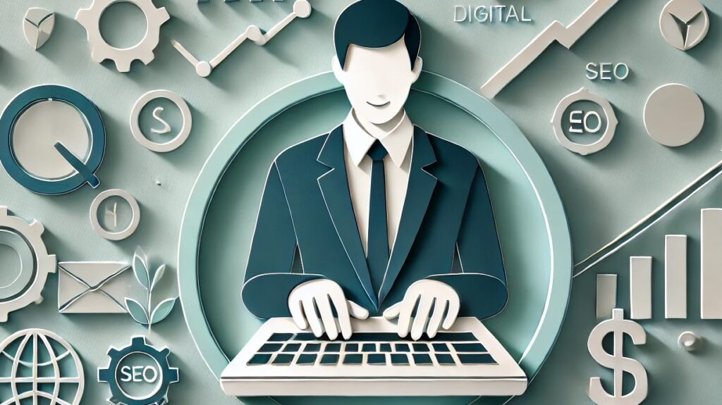 A 2D digital illustration of a content writer typing on a laptop, with floating digital elements like blog posts, graphs, and social media icons, in a futuristic cityscape or office setting, all in mint tones.