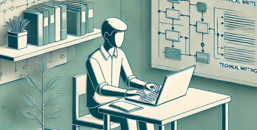 2D digital illustration of an aspiring technical writer sitting at a desk, typing on a laptop with an open notebook beside them. The background includes minimalist office elements like bookshelves and plants, with a subtle flowchart or technical documents visible on the laptop screen